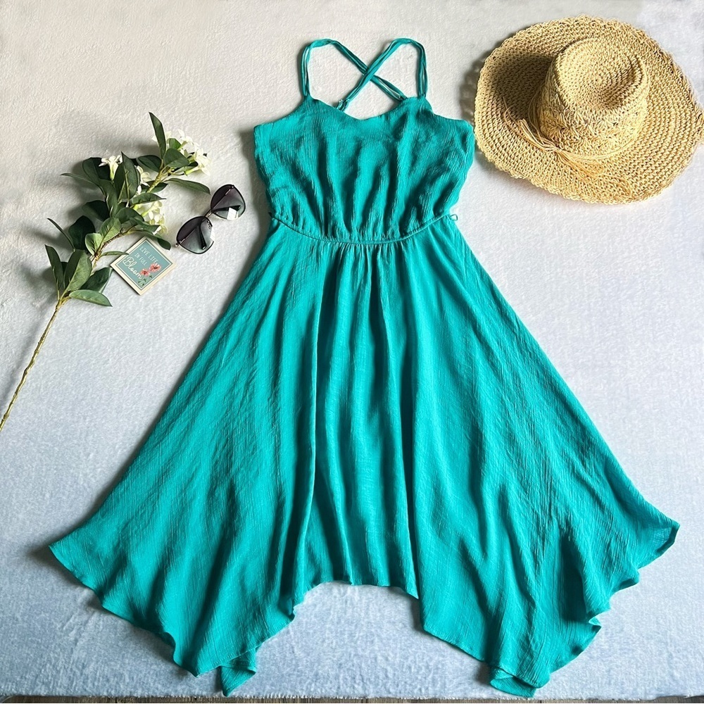 Women’s Turquoise Mini Dress Cross Back Low-High Spaghetti Straps Flowy